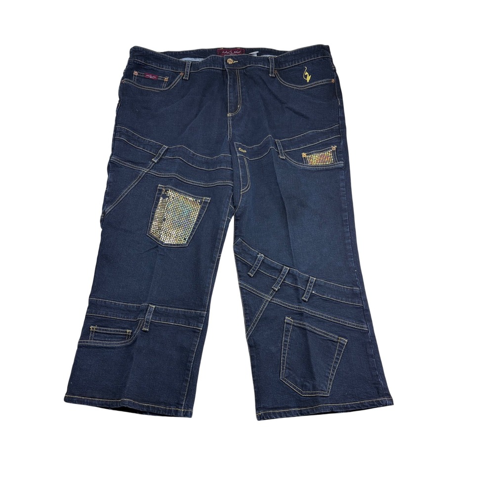 Baby Phat Dark Wash Patchwork Rhinestone Denim Capris Y2K Wide Leg Jeans 22W